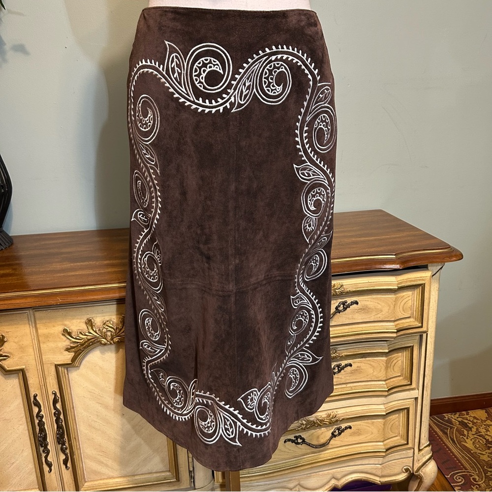 INC Brown Embroidered Leaf Vines Suede Leather Boho Long Midi Skirt